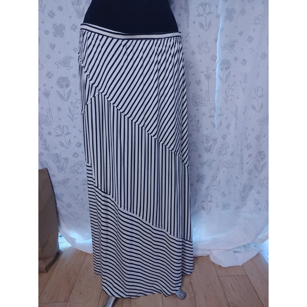 Black White Strip Womens Maxi Skirt‎ Dress Flared Stripes Boho Sz L Large